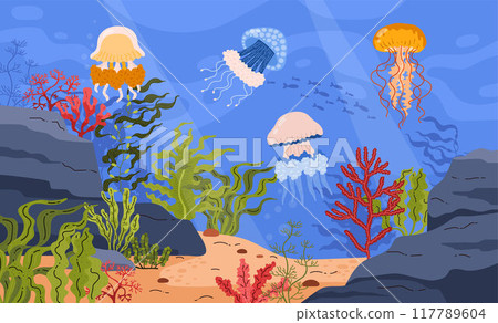 Vector illustration of the underwater world featuring jellyfish, seaweed, fish and the seabed with sand 117789604