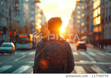 A man wearing a backpack is strolling along a bustling urban street 117789739
