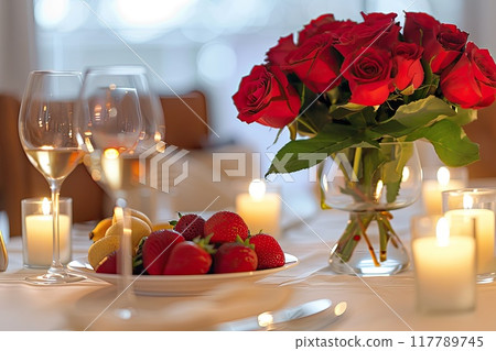 A dining table decorated with candles and flowers set for a meal 117789745