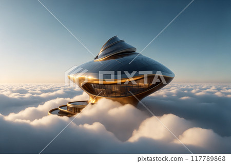 Antigravity futuristic modern house, floating above the Clouds. Architecture of the future. 117789868