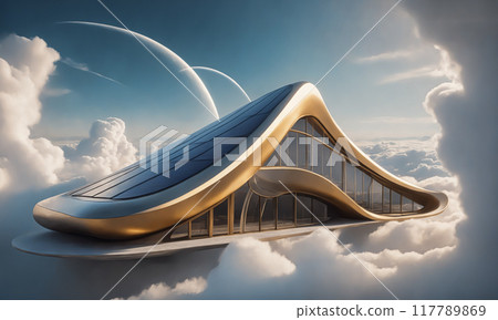 Antigravity futuristic modern house, floating above the Clouds. Architecture of the future. 117789869