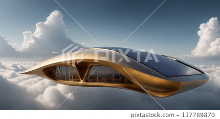 Antigravity futuristic modern house, floating above the Clouds. Architecture of the future. 117789870