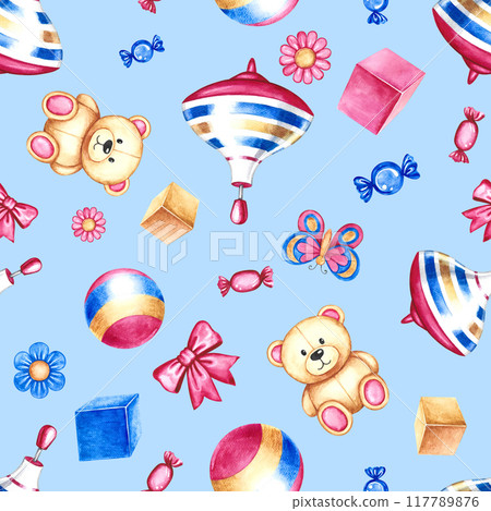 Seamless pattern with children's toys, cubes, balls and teddy bears, bows and butterflies. Handmade watercolor illustrations. On a blue background. For wrapping paper, textiles, children's clothing. 117789876