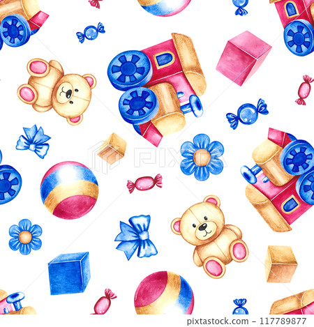 Seamless pattern with children's toys. children's trains, cubes and balls and teddy bears. Handmade watercolor illustrations. For wrapping paper, textiles, children's clothing, postcards, wallpaper. 117789877