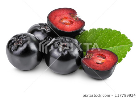 Chokeberry with leaf isolated on white background. Black aronia. Chokeberry with leaf isolated on white background. Black aronia. 117789924