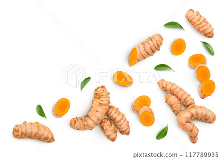 turmeric root isolated on white background. Top view with copy space for your text. Flat lay turmeric root isolated on white background. Top view with copy space for your text. Flat lay 117789935