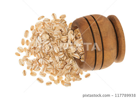 Oat flakes in wooden bowl isolated on white background with full depth of field. Top view. Flat lay 117789938