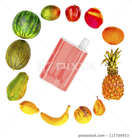 Disposable vape with different fruits, berries flavors. 3D rendering Disposable vape with different fruits, berries flavors. 3D rendering 117789953