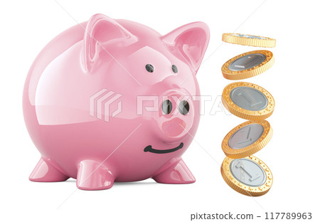 Piggy Bank with coins. Money saving, concept. 3D rendering Piggy Bank with coins. Money saving, concept. 3D rendering 117789963