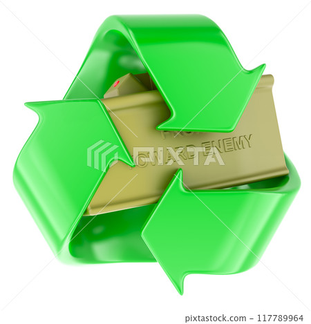 Recycle symbol with anti-personnel mine. 3D rendering Recycle symbol with anti-personnel mine. 3D rendering 117789964