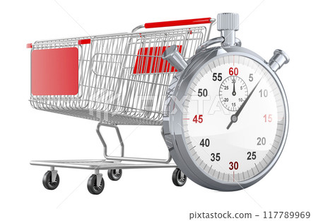Shopping cart with stopwatch, 3d rendering Shopping cart with stopwatch, 3d rendering 117789969