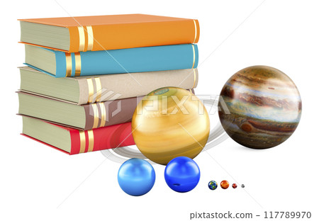 Textbooks with Planets of Solar system and satellites. 3D rendering Textbooks with Planets of Solar system and satellites. 3D rendering 117789970
