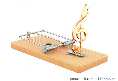 Treble clef, music note inside mousetrap, 3D rendering Treble clef, music note inside mousetrap, 3D rendering 117789972