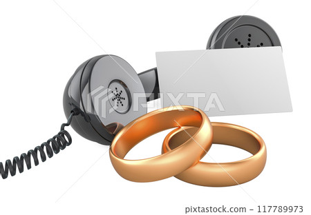 Wedding Service, concept. Golden wedding rings with blank business card and phone receiver. 3D rendering Wedding Service, concept. Golden wedding rings with blank business card and phone receiver. 3D rendering 117789973