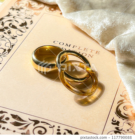 An elegant photo of a gold ring and amber-colored jewelry stacked gorgeously on top of a classic book. 117790088