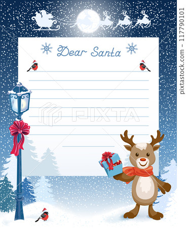 Layout letter to Santa Claus with wish list and cartoon funny fawn deer with gift box  against winter forest background 117790101