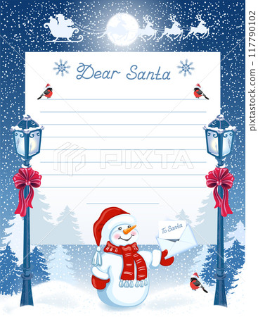 Christmas layout letter to Santa Claus with wish list and cartoon funny Snowman with envelope against winter forest background and street lamps 117790102