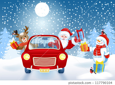 Christmas card with Santa Claus, fawn deer and Snowman in red vintage car with gift box against winter forest background. New Year design postcard in retro style. Christmas card with Santa Claus, fawn deer and Snowman in red vintage car with gift box against winter forest background. New Year design postcard in retro style. 117790104