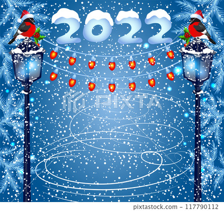 Christmas card with skating rink and bullfinch bird in Santa hat sitting on street lamp lantern with lightbulbs garland against winter snowy background and fir trees. New Year design postcard in retro 117790112