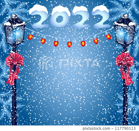 Christmas card with street lamp lantern with lightbulbs garland against winter snowy background and fir trees. New Year postcard in retro style. 117790113