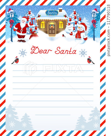 Santa letter template with wish list and cartoon funny Santa Claus and Snowman with envelope against winter forest background and Santa workshop. 117790118