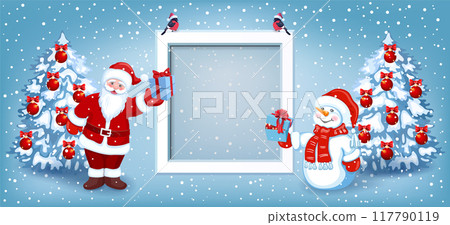 Christmas photo frame and Santa Claus with gift box in his hand and cute Snowman, bullfinch on picture border and fir tree with New Year balls. 117790119