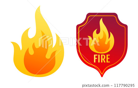 Vector set icon of fire and shield with flame. Vector illustration of fire. Vector set icon of fire and shield with flame. Vector illustration of fire. 117790295