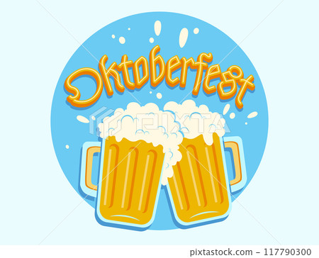 Vector vintage poster of two beer mugs for Oktoberfest. Vintage illustration of two beer mugs in retro style. Vector vintage poster of two beer mugs for Oktoberfest. Vintage illustration of two beer mugs in retro style. 117790300