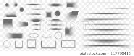 Set of different shadow effects for mockups. Realistic soft grey shapes. Divider lines, square and rectangle, round and oval shades isolated on transparent background. Vector realistic illustration 117790415