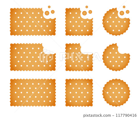Set of whole and bitten crackers. Sweet or salty biscuit cookies in round, square and rectangle shapes. Popular crunchy snacks isolated on white background. Vector cartoon illustration 117790416