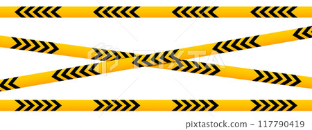 Horizontal and crossed caution tapes with black and yellow chevron print. Barriers in quarantine area, construction work zone or crime scene. Warning, restricted or closed signs. Vector illustration Horizontal and crossed caution tapes with black and yellow chevron print. Barriers in quarantine area, construction work zone or crime scene. Warning, restricted or closed signs. Vector illustration 117790419