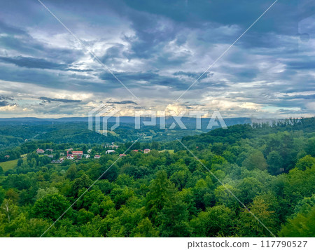 Aerial view of beautiful green forest with cloudy sky. Lake Solina, Poland Aerial view of beautiful green forest with cloudy sky. Lake Solina, Poland 117790527