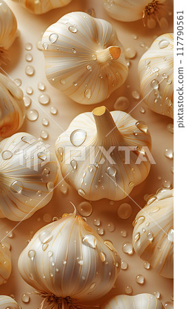 Fresh whole garlic bulbs displayed with water droplets on a beige background. Ideal for culinary and healthrelated topics in visual content, showcasing freshness and natural ingredients 117790561