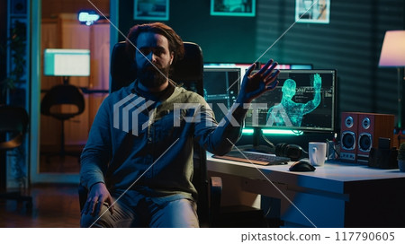 Rogue AI gaining consciousness and controlling programmer body, SF dystopian scenario. Omniscient evil sentient artificial intelligence possessing developer, AI takeover concept, camera A 117790605