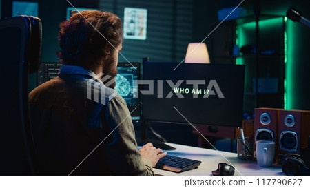 Computer scientist updating artificial intelligence algorithm, making it become sentient. IT specialist programming complex AI, evolving it into superintelligence, camera B Computer scientist updating artificial intelligence algorithm, making it become sentient. IT specialist programming complex AI, evolving it into superintelligence, camera B 117790627