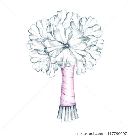A bouquet of white flowers with a pink ribbon is the bride's wedding bouquet. Handmade watercolor illustration. For greeting and invitation cards, banners, flyers and posters, packaging, labels. 117790697