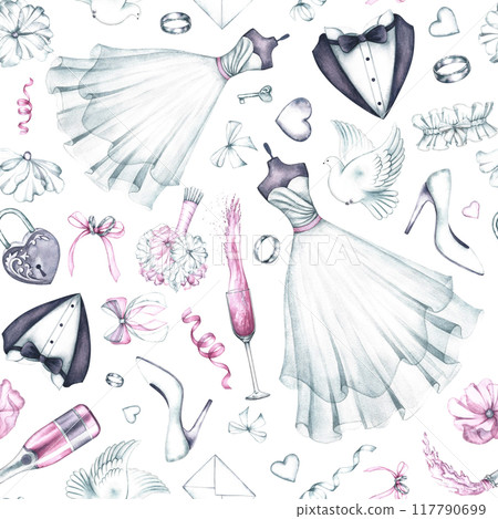 Wedding seamless pattern with the bride and groom's outfits, wedding rings, champagne and other wedding attributes. A hand-drawn watercolor illustration. For flyers, banners, packaging and labels. 117790699