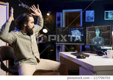 Self aware AI gaining anthropomorphic form inside cyberspace, scaring software technician jumping from chair. Artificial intelligence becoming sentient, startling IT admin raising hands in fear 117790705