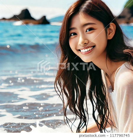I used a generator to draw a woman playing on the beach. 117790745
