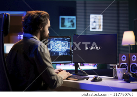 Man at home witnessing AI becoming sentient, talking with him, asking questions about itself. Concept of artificial intelligence wishing to befriend humanity after becoming self aware, communicating 117790765