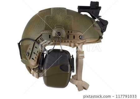 Night vision goggles on military helmet. 117791033