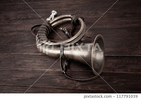 Hunting horn on rustic wood plank. 117791039