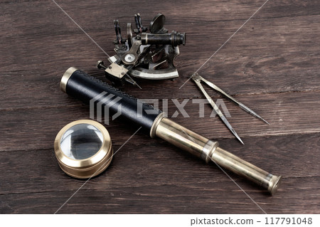 Antique bronze naval instruments - sextant, spy glass. naval dividers and magnifier glass Antique bronze naval instruments - sextant, spy glass. naval dividers and magnifier glass 117791048