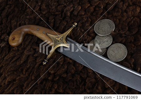 Ukraine Saber Sword with silver taller coins, 17th century. Poland, Lithuania, Hungary, Ukraine. Ukraine Saber Sword with silver taller coins, 17th century. Poland, Lithuania, Hungary, Ukraine. 117791069