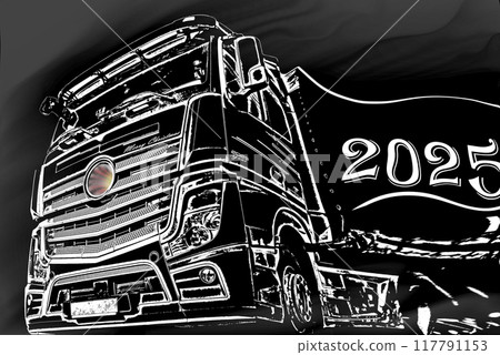 Large New Year's truck with New Year's inscriptions 2025. A large tarpaulin truck against a hazy background with a beautiful rector in the middle of the cabin. Large New Year's truck with New Year's inscriptions 2025. A large tarpaulin truck against a hazy background with a beautiful rector in the middle of the cabin. 117791153