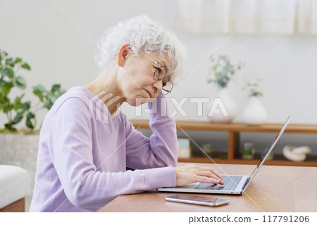Senior woman worried while using a laptop computer in living room Senior woman worried while using a laptop computer in living room 117791206