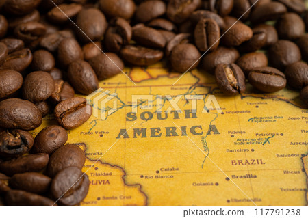 Bangkok, Thailand March 14, 2023 Coffee bean on South America map, import export trade online commerce concept. 117791238