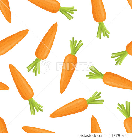 Vector Seamless Cute Pattern of Cartoon Flat Carrots on White Background. Fresh Orange Carrot Print for Healthy Eating, Organic Food, Kids Nutrition, Playful Design Template 117791651