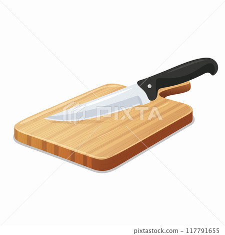 Flat Vector Wooden Cutting Board with Kitchen Knife Icon. Cutting Board and Knife Design Template. Chopping Board with Knife Isolated on White Background 117791655