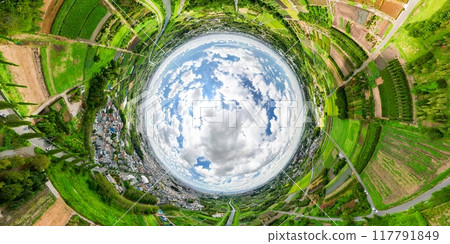 Aerial view of the Minuma rice fields in Saitama Prefecture, photographed with a 360-degree camera Aerial view of the Minuma rice fields in Saitama Prefecture, photographed with a 360-degree camera 117791849
